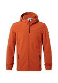 Orange softshell jacket with a hood, featuring front zip, two side pockets, and elastic cuffs. The material appears smooth and durable.