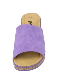 Purple slide sandal with a textured synthetic upper, open toe, and tan cushioned footbed. Cork-like sole with stitching detail around edges.