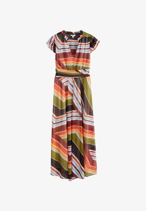 Gestreiftes Wickelkleid mit kurzen Ärmeln, V-Ausschnitt, elastischer Taille und langem, fließendem Rock in Orange, Grün, Braun, Weiß und blauen diagonalen Streifen.