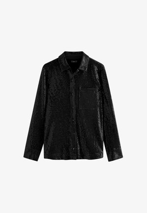 Black button-up shirt with long sleeves, made of sequined fabric, featuring a collar and a chest pocket. Smooth texture and shiny surface.