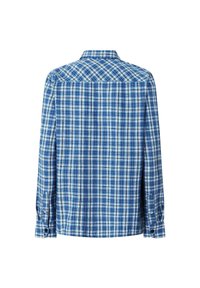 Long-sleeve button-up shirt in blue plaid pattern. Cotton fabric with a soft texture. Features a classic collar and buttoned cuffs.