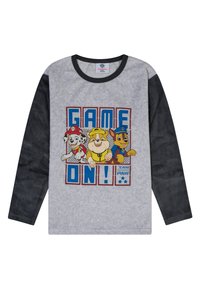 Chemise grise à manches longues avec des manches noires ; présente des chiens de dessin animé et le texte "GAME ON!!" en bleu et rouge à l'avant. Texture douce.