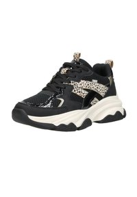 Black athletic sneakers with a textured mesh upper, leopard print accents, glossy detailing, and a chunky white sole.