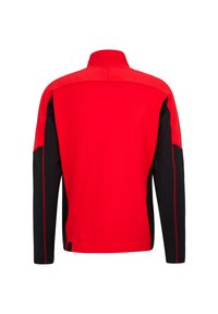 Rote und schwarze Sportjacke mit langen Ärmeln und hohem Kragen, schwarze Einsätze an den Ärmeln und rote Nähte entlang der Armnähte, von hinten gezeigt.