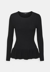 Black ribbed long-sleeve top with a round neckline and a peplum hem. Features a textured fabric with a fitted bodice and flared bottom.