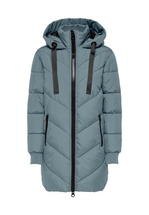 Abrigo largo acolchado azul de invierno con capucha, cremallera negra, cordones negros, bolsillos laterales con cremallera y puños acanalados.