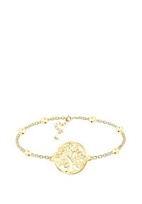 Bracciale in oro con pendente a forma di albero della vita circolare con design intagliato, intercalato da sfere lisce, chiusura a catena regolabile.