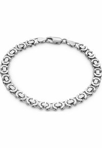 Bracciale in metallo argentato con anelli intrecciati e finitura liscia. Include una chiusura a granchio per un fissaggio sicuro.