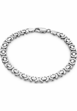 Silver metal bracelet featuring interlocking links with a smooth finish. It includes a lobster clasp for secure fastening.