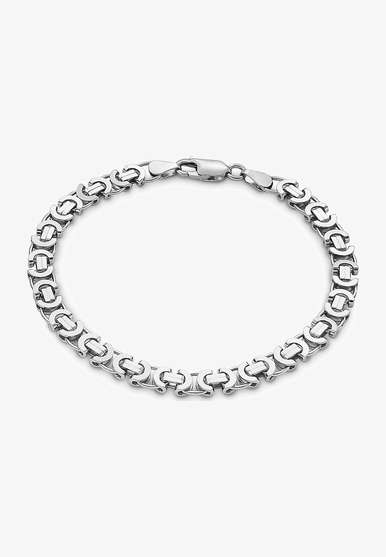 Bracciale in metallo argentato con anelli intrecciati e finitura liscia. Include una chiusura a granchio per un fissaggio sicuro.