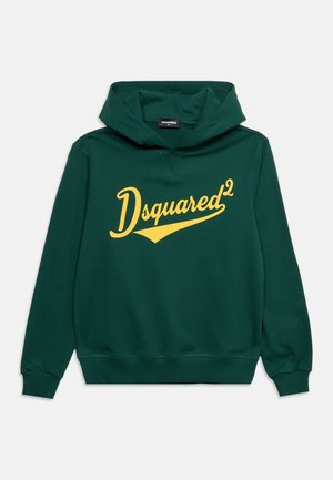 Tmavozelená mikina s kapucňou so žltým logom "Dsquared²" na hrudi, s dlhými rukávmi a rebrovanými manžetami a lemom.