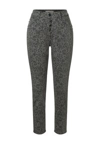 Gray leopard print jeans featuring a high waist, five-button fly, and front pockets. Made from denim with a smooth texture.