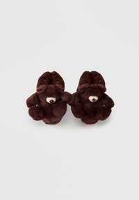 Brown plush bear-shaped slippers with soft texture, rounded ears, and a small brown nose. Designed with a cozy, closed shape for warmth.