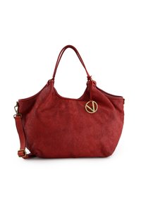 Rode leren schoudertas met een textuurafwerking, voorzien van dubbele handvatten en een verstelbare schouderband. Accenten van gouden hardware met logo.