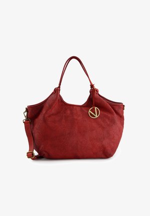 Red leather shoulder bag with a textured finish, featuring dual handles and an adjustable strap. Accented with a gold hardware logo.
