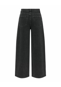 Sorte vidbuksejeans med høyt liv, to baklommer og synlige sømmer, vist bakfra på hvit bakgrunn.