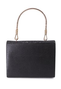 Borsa a mano nera strutturata con manico metallico, caratterizzata da una superficie texturizzata e un design rettangolare minimale. Inclusi dettagli in tono dorato.
