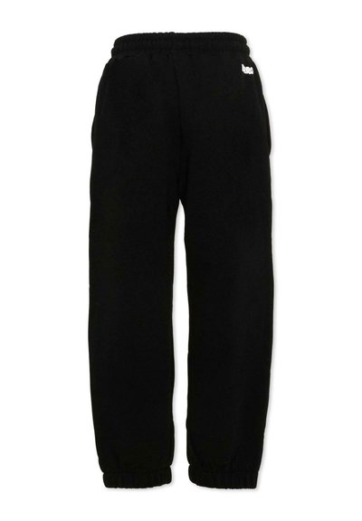 Pantalon de survêtement noir avec taille et poignets élastiques, poches latérales, et un petit logo blanc près de la poche droite.