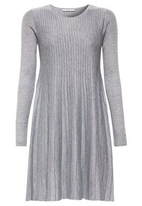 Robe tricotée grise à manches longues avec texture côtelée et col rond, présentant une jupe légèrement évasée.