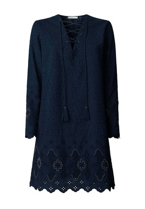 Vestido de manga larga azul marino con bordado ajour, dobladillo festoneado, recortes florales y escote en V con cordones y borlas.