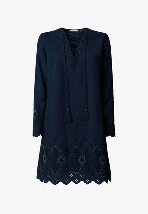 Vestido de manga larga azul marino con bordado ajour, dobladillo festoneado, recortes florales y escote en V con cordones y borlas.