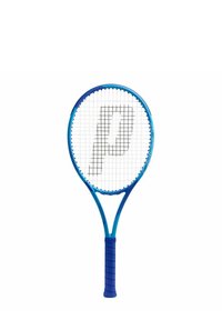 Blauwe tennisracket met een zwart "P" logo op het witte snarenbed en een blauwe griphandgreep.