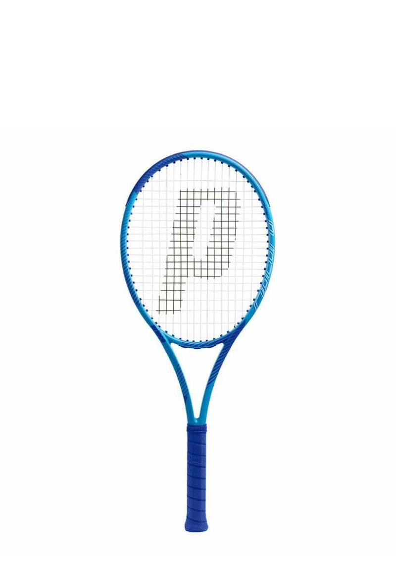 Blauwe tennisracket met een zwart "P" logo op het witte snarenbed en een blauwe griphandgreep.