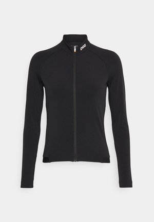 Casaco de ciclismo preto de mangas longas com colarinho alto e fecho frontal, apresentando mangas raglan e um logo discreto no colarinho.