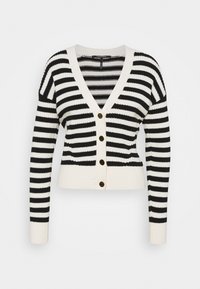 Gestreifter Cardigan in Schwarz und Weiß mit V-Ausschnitt, knöpfbarem Frontverschluss sowie gerippten Bündchen und Saum. Ausgestattet mit fünf braunen Knöpfen und einer cropped Passform.