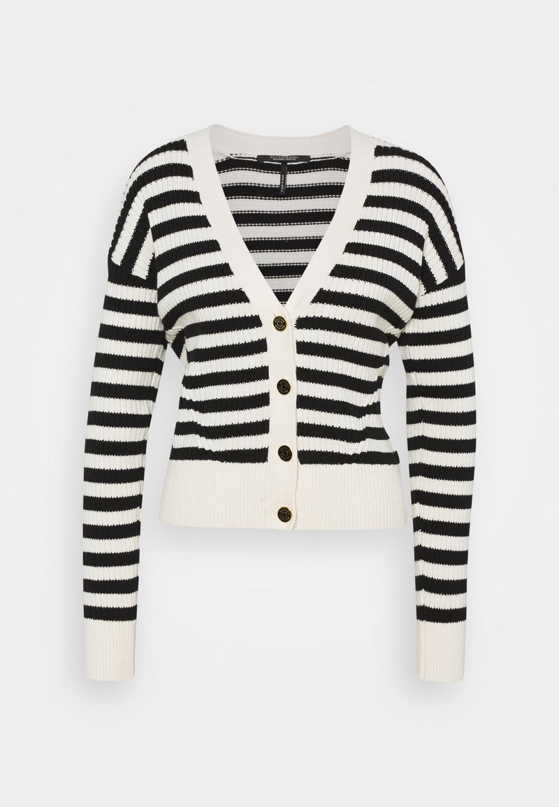 Gestreifter Cardigan in Schwarz und Weiß mit V-Ausschnitt, knöpfbarem Frontverschluss sowie gerippten Bündchen und Saum. Ausgestattet mit fünf braunen Knöpfen und einer cropped Passform.