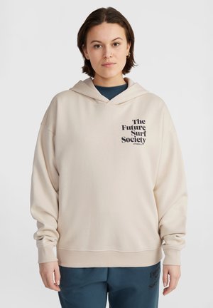 Beige hoodie with a front graphic reading "The Future Surf Society." Features a relaxed fit, long sleeves, and a drawstring hood.
