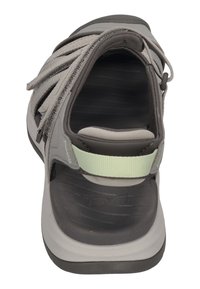 Gray sandal with multiple straps, a cushioned heel, and a textured black sole. Features a green back strap for secure fitting.