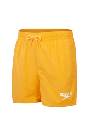 Hellegelbe Badeshorts mit elastischem Bund und Kordelzug, mit weißem Speedo-Logo am linken Bein.