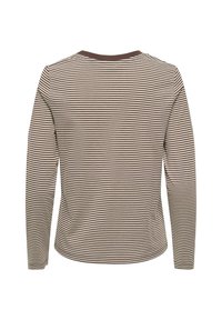 Koszula z długim rękawem w paski w kolorach brązowym i kremowym. Posiada okrągły dekolt z brązową lamówką przy kołnierzu. Lekka tkanina.