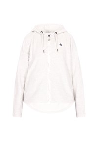 Lichtgrijze zip-up hoodie van zacht materiaal, met een afgeronde zoom, lange mouwen en een marineblauw logo op de linkerkant van de borst.