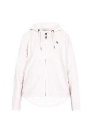 Sudadera con cremallera de color gris claro, fabricada con material suave, que presenta un dobladillo redondeado, mangas largas y un logo en azul marino en el lado izquierdo del pecho.