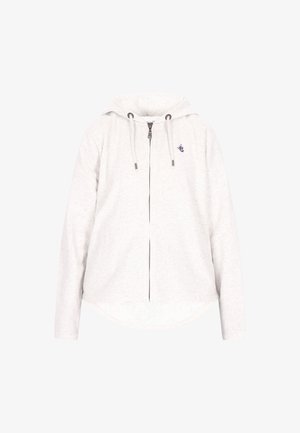 Világosszürke, cipzáras kapucnis pulóver, puha anyagból készült, lekerekített aljú, hosszú ujjú, bal mellrészen sötétkék logóval.