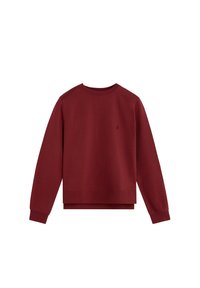 Sudadera burdeos con cuello redondo, mangas largas, puños y dobladillo de canalé, que presenta un pequeño logo en la parte delantera. Textura suave.