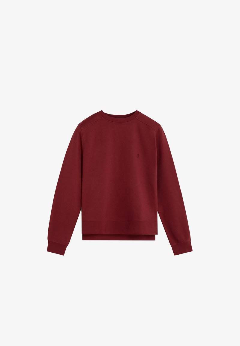Burgundy sweatshirt with a crew neckline, long sleeves, ribbed cuffs, and hem, featuring a small logo on the front. Soft texture.