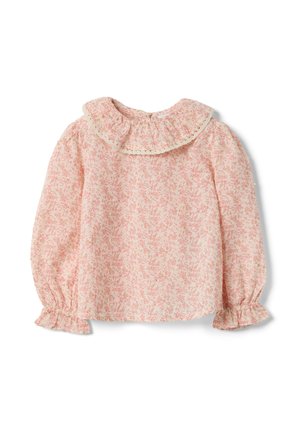 Roze babyblouse met lange mouwen, geruite kraag en manchetten, met een klein bloemenpatroon op een lichte achtergrond.