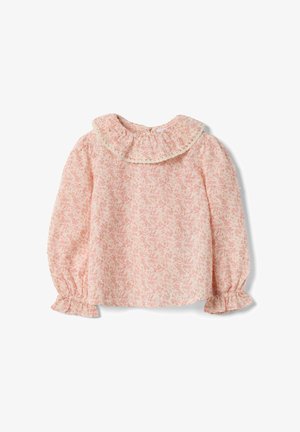 Blusa rosa de manga larga para bebé con cuello y puños con volantes, con un pequeño estampado floral sobre un fondo claro.
