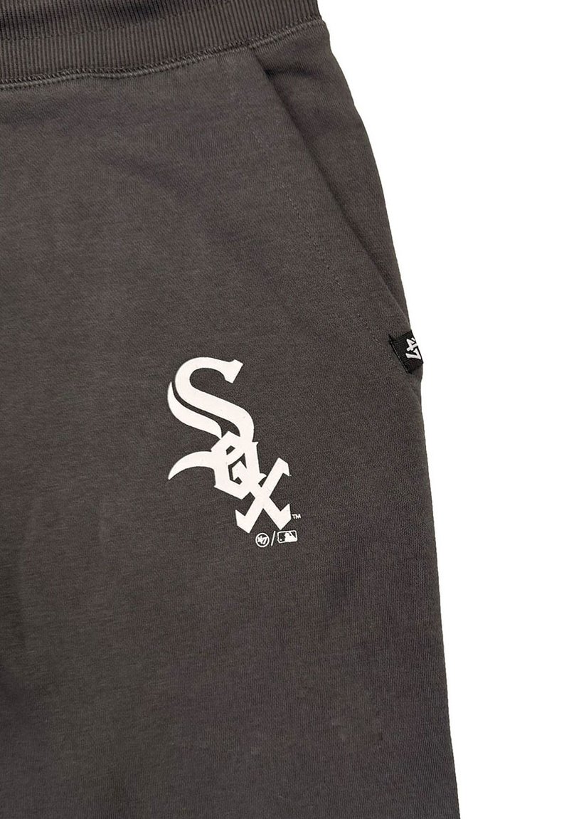 Gray sweatpants featuring a white Chicago White Sox logo on the left thigh, with an elastic waistband and side pocket detail.