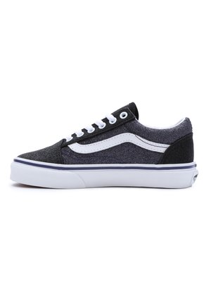 Black and gray sneakers with a textured upper, white laces, contrasting white side stripe, and a white rubber sole with a navy blue accent.