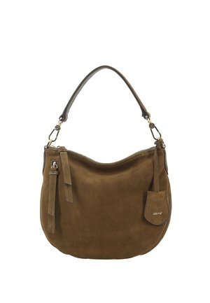 Brown suede shoulder bag with a single handle, zipper closure, and a small branded leather tag hanging on the side.