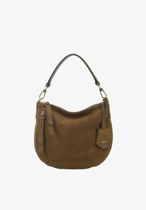 Brown suede shoulder bag with a single handle, zipper closure, and a small branded leather tag hanging on the side.