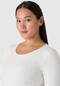 Vit långärmad topp med rundad hals och slät yta. Har minimal sömnad längs halsringningen och axlarna.