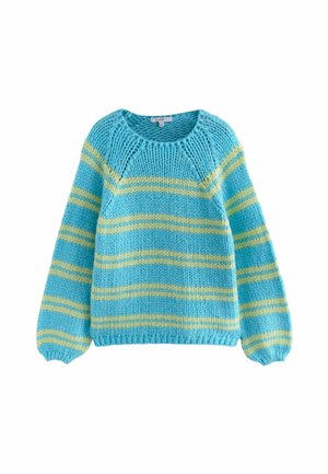 Gebreide trui in turquoise met gele strepen, ronde halslijn, lange ballonmouwen en geribde zoom. Zachte textuur, casual pasvorm.