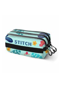 Trousse à crayons à trois zips en tissu bleu clair, ornée de motifs floraux et de feuilles colorés, et d'une bande d'accent en tissu noir.