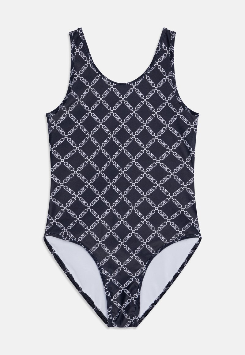 Maillot de bain une pièce marine avec un motif géométrique blanc en formes de diamant. Fabriqué en tissu lisse avec des bretelles larges et un dos plongeant.
