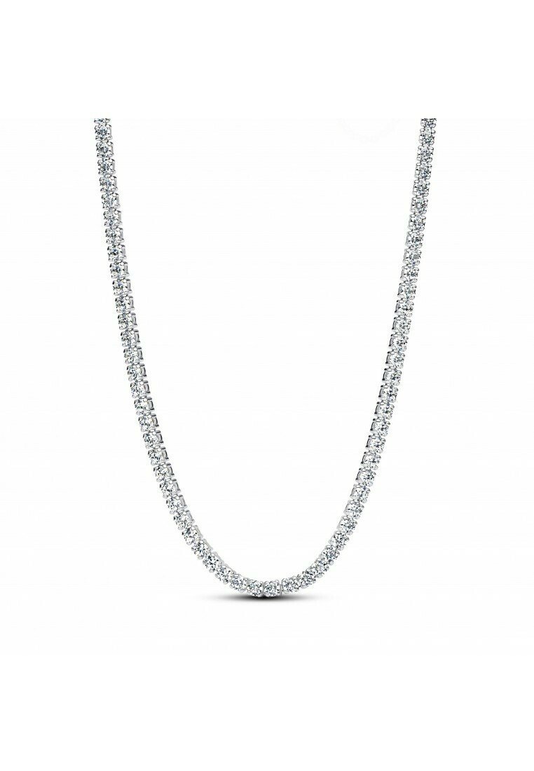 Ogrlica iz srebrnega tonusa s povezavo okroglih kamnov. Vsak kamen je fasetiran, da odbija svetlobo in ustvari svetleč učinek.